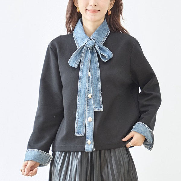トップス カーディガン デニム切替 異素材 ボウタイ リボン ゆったり 体型カバー 秋 冬 M L