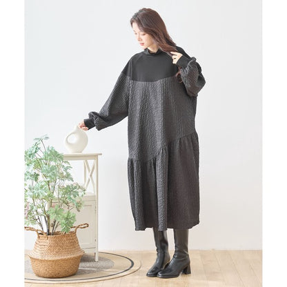 ワンピース バルーンスリーブ 異素材切替 ゆったり 体型カバー モード 秋冬 L LL