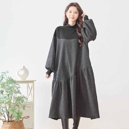 ワンピース バルーンスリーブ 異素材切替 ゆったり 体型カバー モード 秋冬 L LL