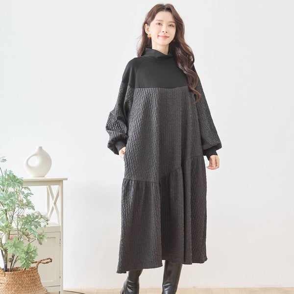 ワンピース バルーンスリーブ 異素材切替 ゆったり 体型カバー モード 秋冬 L LL