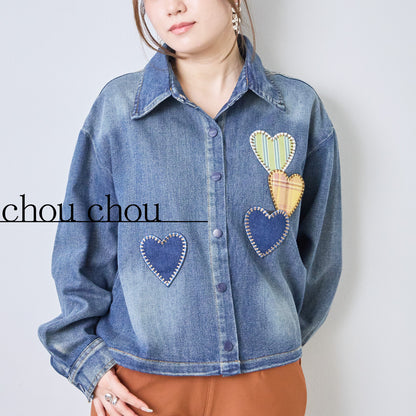 ブラウス シャツ デニム ハート柄 ドロップショルダー ゆったり 秋 冬 F