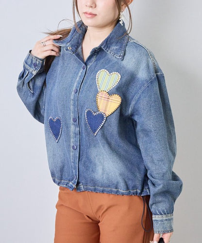 ブラウス シャツ デニム ハート柄 ドロップショルダー ゆったり 秋 冬 F