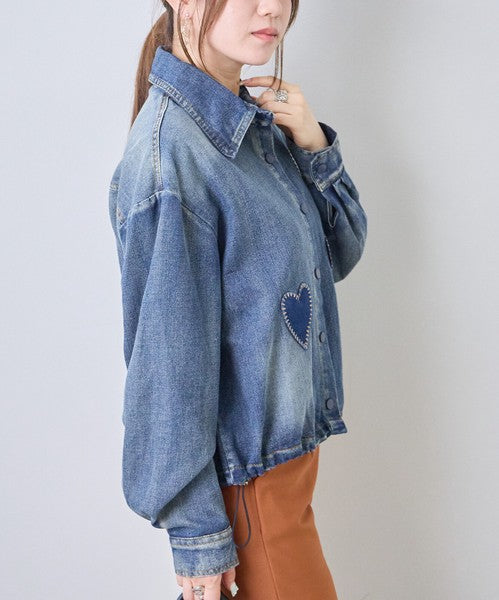 ブラウス シャツ デニム ハート柄 ドロップショルダー ゆったり 秋 冬 F