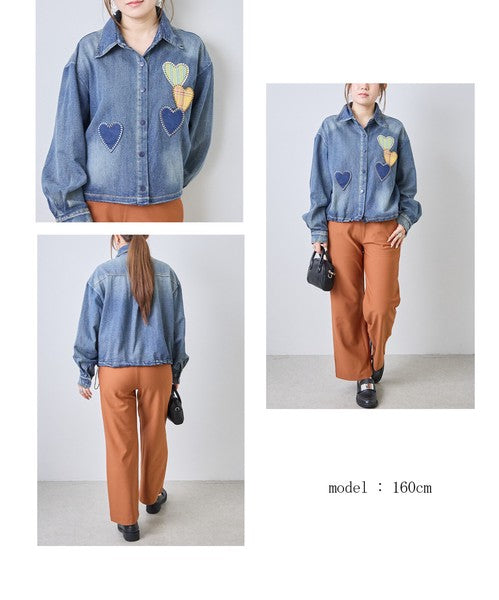 ブラウス シャツ デニム ハート柄 ドロップショルダー ゆったり 秋 冬 F