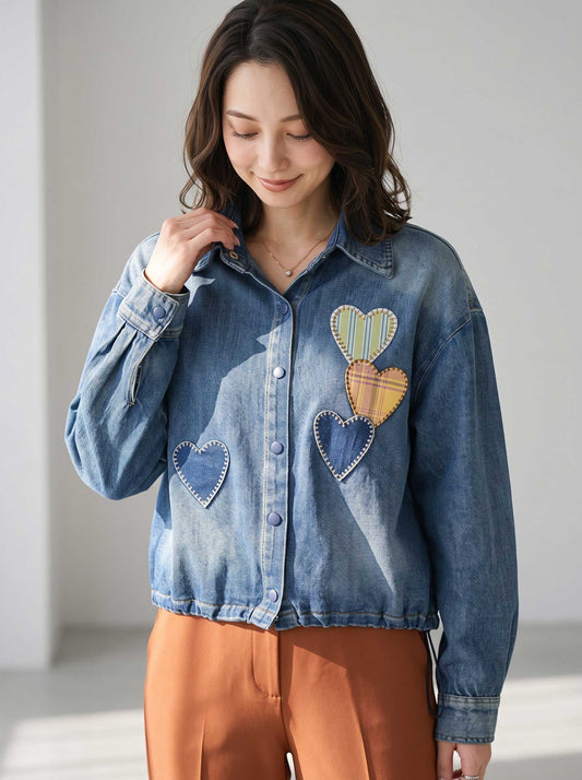 ブラウス シャツ デニム ハート柄 ドロップショルダー ゆったり 秋 冬 F