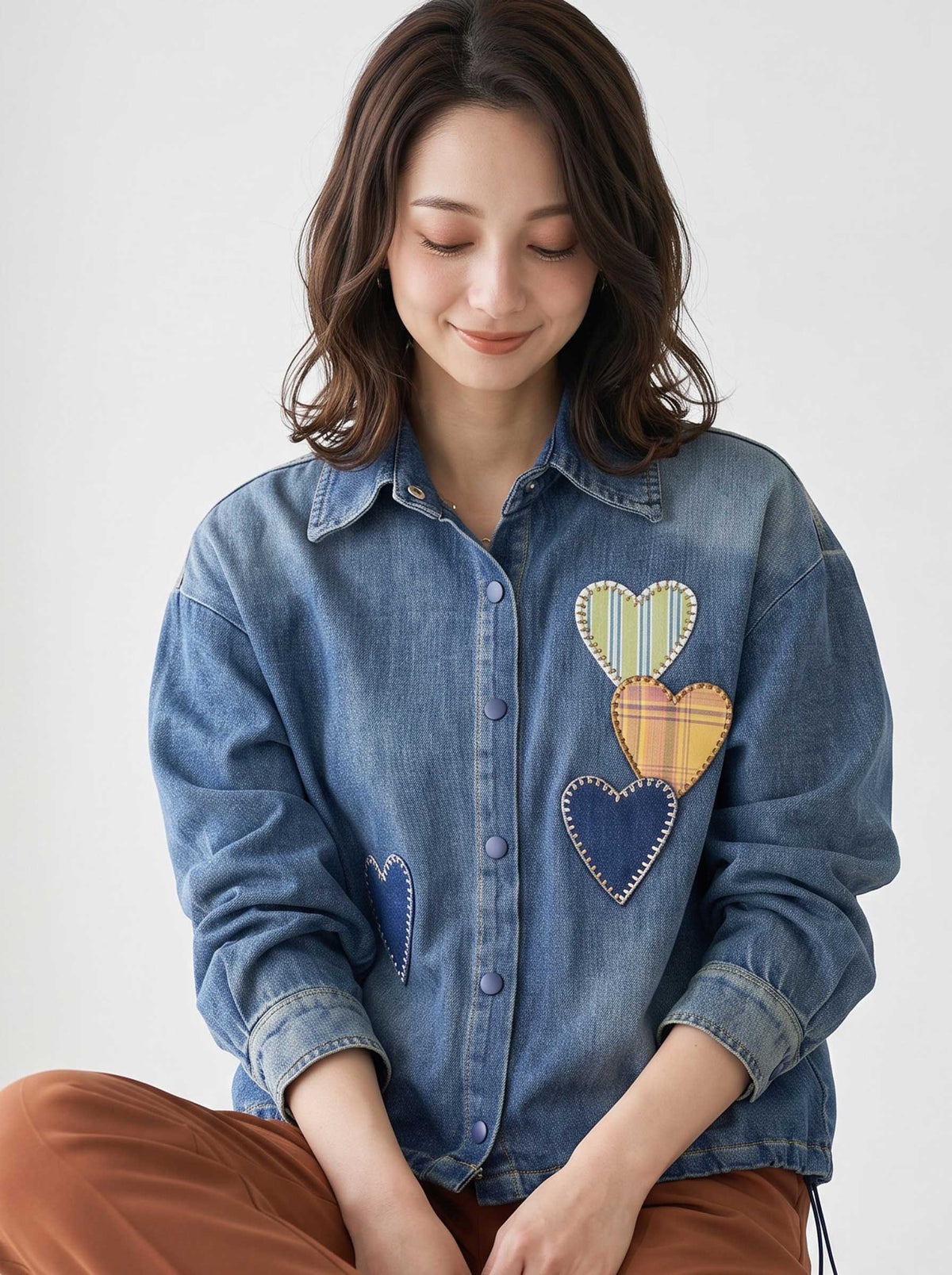 ブラウス シャツ デニム ハート柄 ドロップショルダー ゆったり 秋 冬 F