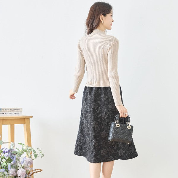 ワンピース ドッキング リブニット ふくれジャガード 異素材切替 すっきり 秋冬 M L