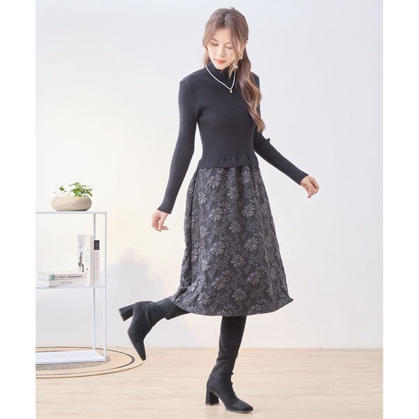 ワンピース ドッキング リブニット ふくれジャガード 異素材切替 すっきり 秋冬 M L
