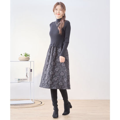 ワンピース ドッキング リブニット ふくれジャガード 異素材切替 すっきり 秋冬 M L