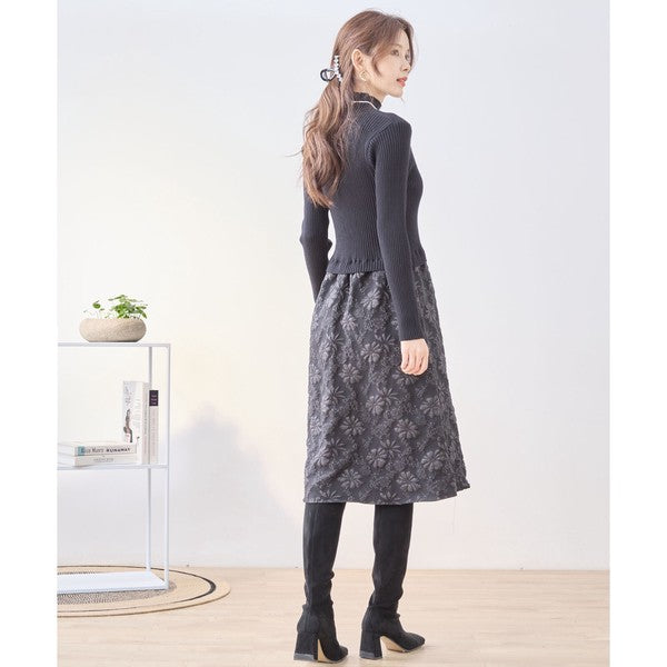 ワンピース ドッキング リブニット ふくれジャガード 異素材切替 すっきり 秋冬 M L
