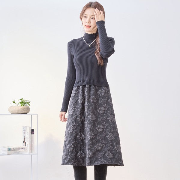 ワンピース ドッキング リブニット ふくれジャガード 異素材切替 すっきり 秋冬 M L