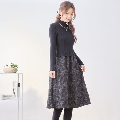 ワンピース ドッキング リブニット ふくれジャガード 異素材切替 すっきり 秋冬 M L