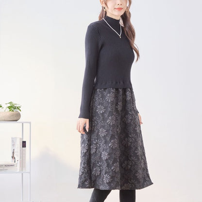 ワンピース ドッキング リブニット ふくれジャガード 異素材切替 すっきり 秋冬 M L