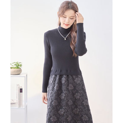 ワンピース ドッキング リブニット ふくれジャガード 異素材切替 すっきり 秋冬 M L
