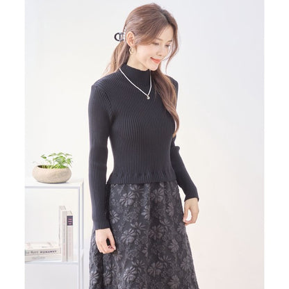 ワンピース ドッキング リブニット ふくれジャガード 異素材切替 すっきり 秋冬 M L