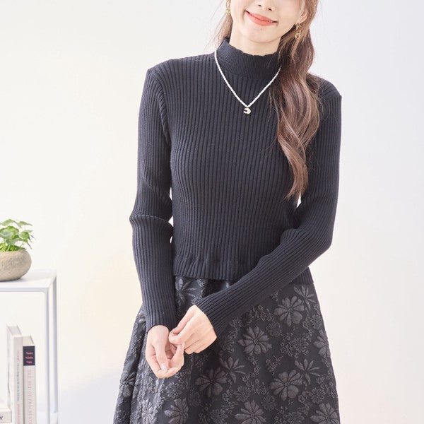 ワンピース ドッキング リブニット ふくれジャガード 異素材切替 すっきり 秋冬 M L