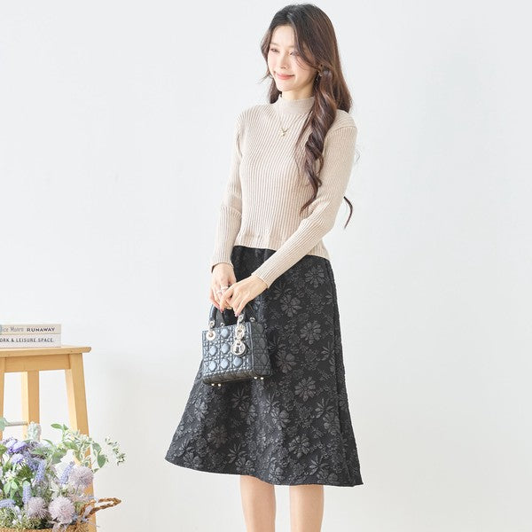 ワンピース ドッキング リブニット ふくれジャガード 異素材切替 すっきり 秋冬 M L