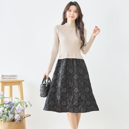 ワンピース ドッキング リブニット ふくれジャガード 異素材切替 すっきり 秋冬 M L