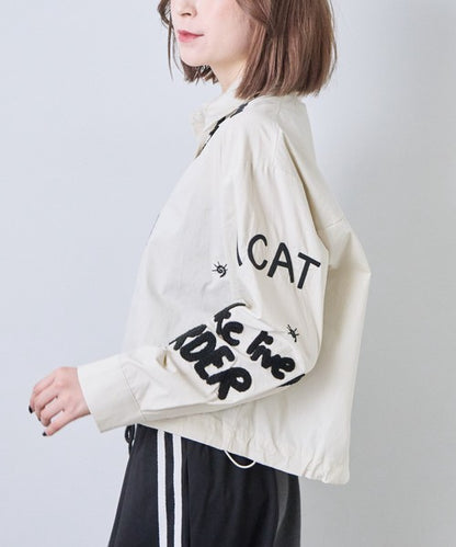 ブラウス シャツ 綿100% イラスト 刺繍 ドロスト ショート丈 ゆったり 秋 冬 F