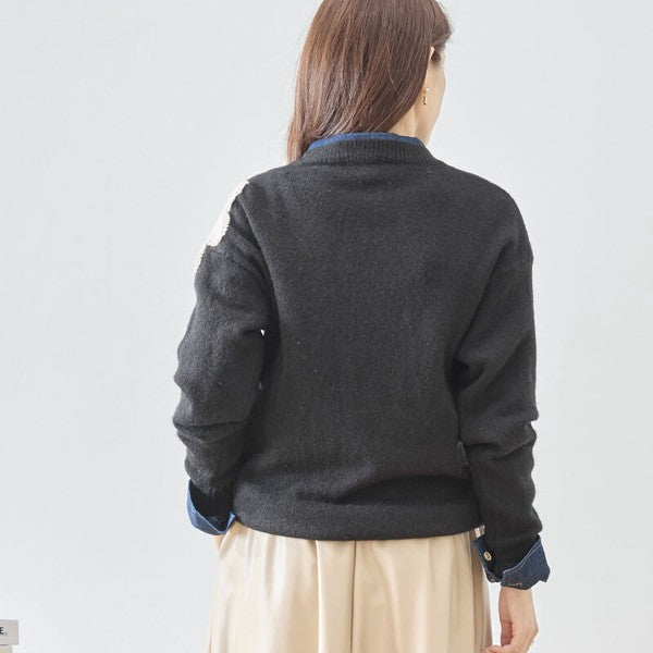 ニット プルオーバー フラワー モチーフ クルーネック すっきり 秋冬 M L