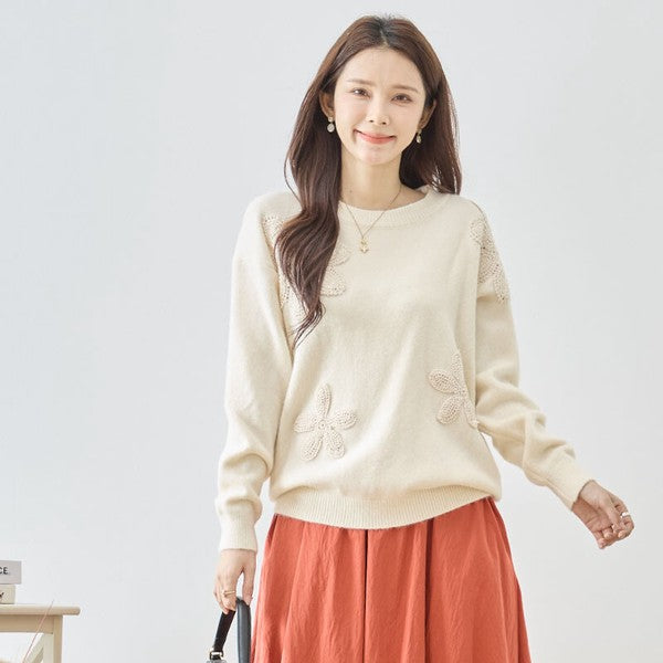 ニット プルオーバー フラワー モチーフ クルーネック すっきり 秋冬 M L