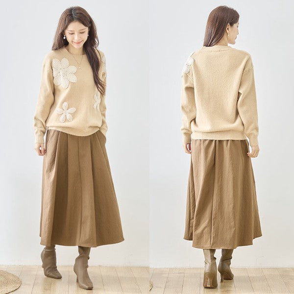 ニット プルオーバー フラワー モチーフ クルーネック すっきり 秋冬 M L