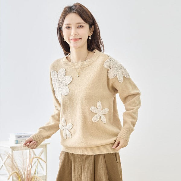 ニット プルオーバー フラワー モチーフ クルーネック すっきり 秋冬 M L
