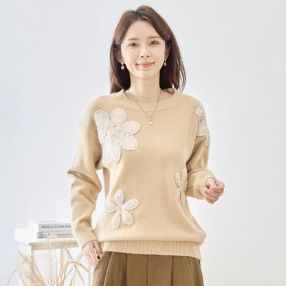 ニット プルオーバー フラワー モチーフ クルーネック すっきり 秋冬 M L