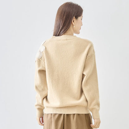 ニット プルオーバー フラワー モチーフ クルーネック すっきり 秋冬 M L