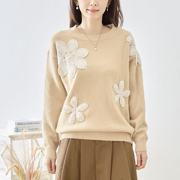 ニット プルオーバー フラワー モチーフ クルーネック すっきり 秋冬 M L