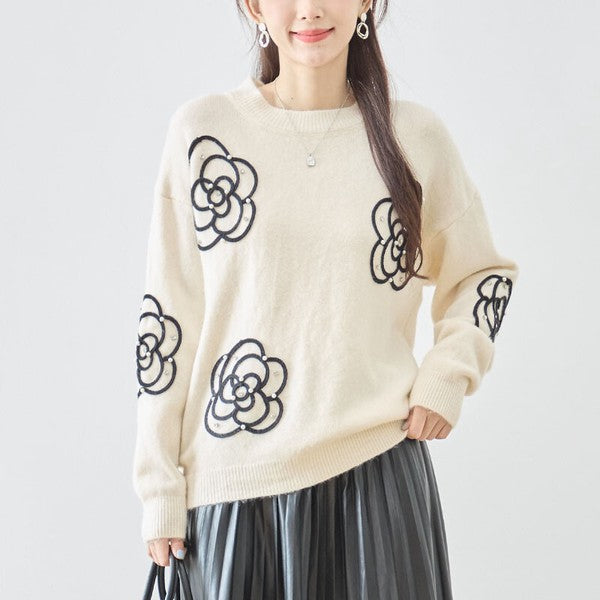 ニット プルオーバー カメリア柄 コード刺繍 パール ビジュー すっきり 秋冬 M L