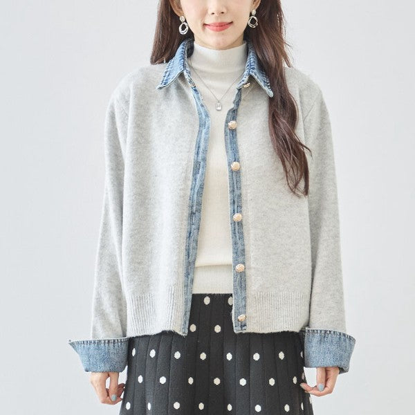 ニット カーディガン デニム切替 異素材 ドッキング レイヤード風 すっきり 秋冬 M L
