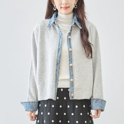 ニット カーディガン デニム切替 異素材 ドッキング レイヤード風 すっきり 秋冬 M L