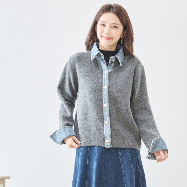 ニット カーディガン デニム切替 異素材 ドッキング レイヤード風 すっきり 秋冬 M L