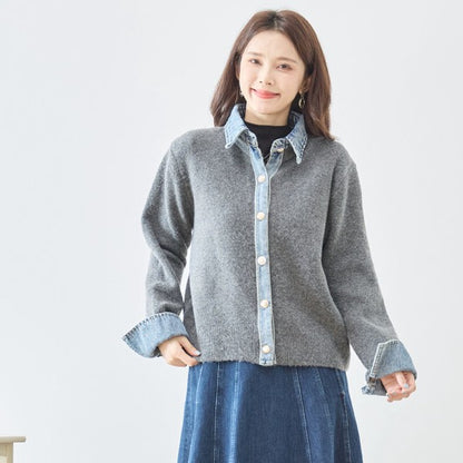ニット カーディガン デニム切替 異素材 ドッキング レイヤード風 すっきり 秋冬 M L