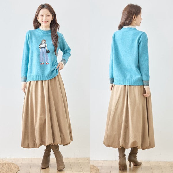 トップス ニット プルオーバー ハイネック ガールモチーフ 柄物 秋 冬 M L