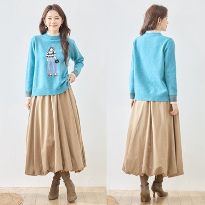 トップス ニット プルオーバー ハイネック ガールモチーフ 柄物 秋 冬 M L