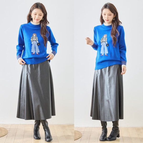 トップス ニット プルオーバー ハイネック ガールモチーフ 柄物 秋 冬 M L