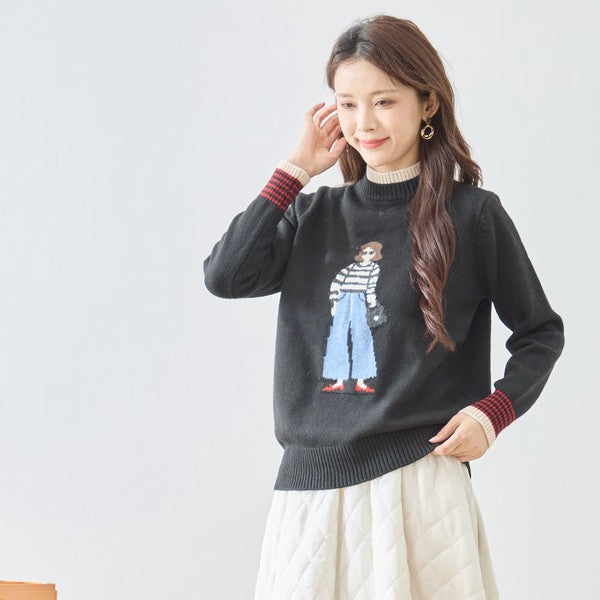 トップス ニット プルオーバー ハイネック ガールモチーフ 柄物 秋 冬 M L