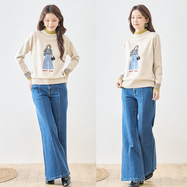 トップス ニット プルオーバー ハイネック ガールモチーフ 柄物 秋 冬 M L