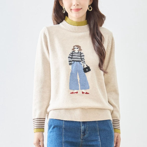 トップス ニット プルオーバー ハイネック ガールモチーフ 柄物 秋 冬 M L