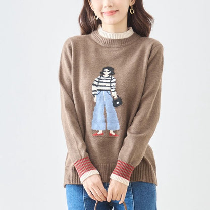トップス ニット プルオーバー ハイネック ガールモチーフ 柄物 秋 冬 M L