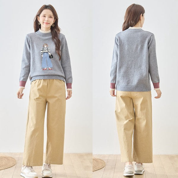 トップス ニット プルオーバー ハイネック ガールモチーフ 柄物 秋 冬 M L