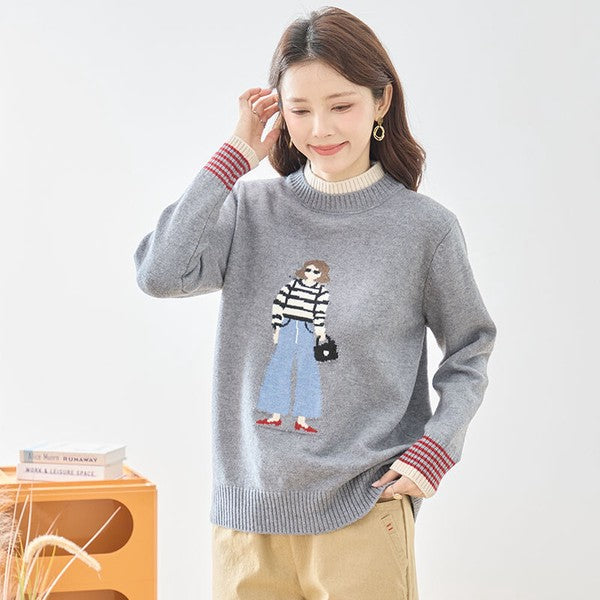 トップス ニット プルオーバー ハイネック ガールモチーフ 柄物 秋 冬 M L