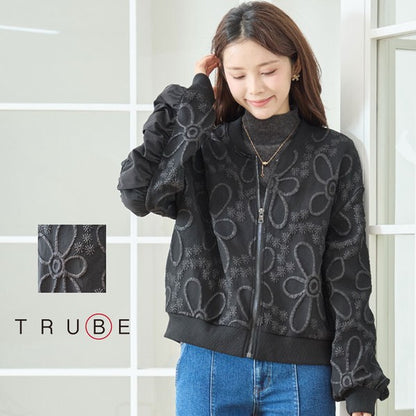 ジャケット ブルゾン ふくれジャガード 花柄 異素材 ギャザー袖 すっきり 秋冬 M L