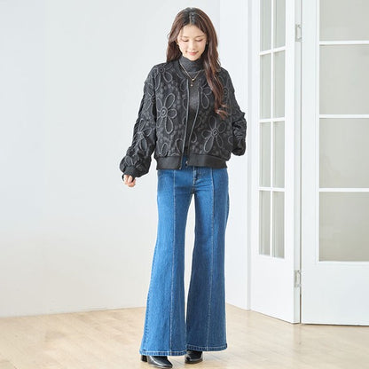 ジャケット ブルゾン ふくれジャガード 花柄 異素材 ギャザー袖 すっきり 秋冬 M L