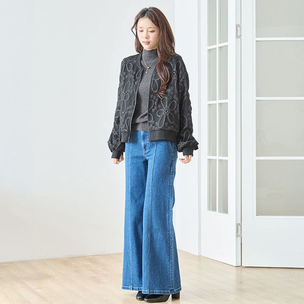ジャケット ブルゾン ふくれジャガード 花柄 異素材 ギャザー袖 すっきり 秋冬 M L