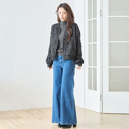 ジャケット ブルゾン ふくれジャガード 花柄 異素材 ギャザー袖 すっきり 秋冬 M L