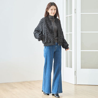 ジャケット ブルゾン ふくれジャガード 花柄 異素材 ギャザー袖 すっきり 秋冬 M L