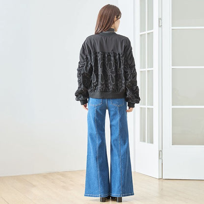 ジャケット ブルゾン ふくれジャガード 花柄 異素材 ギャザー袖 すっきり 秋冬 M L